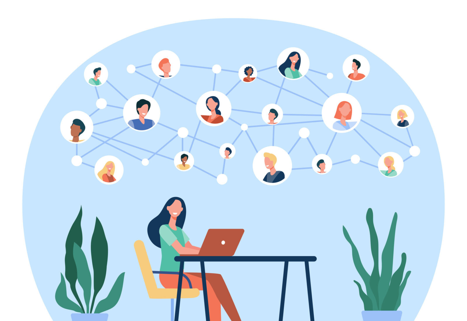 Happy woman chatting with friends online Happy woman chatting with friends online. Laptop, social media, desk flat vector illustration. Network and communication concept for banner, website design or landing web page